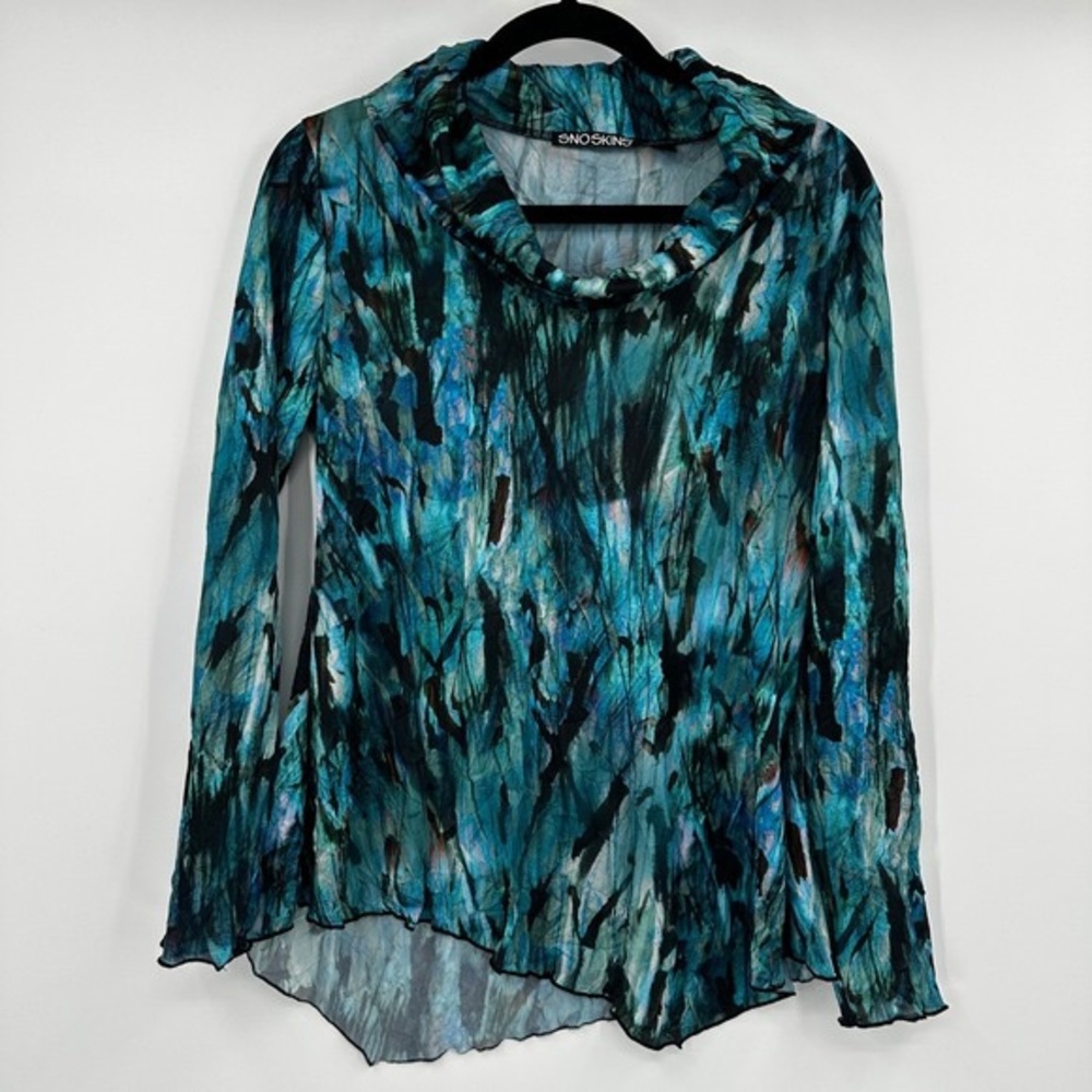 SNO SKINS Teal and Black Abstract Cowl Neck Long Sleeve Top